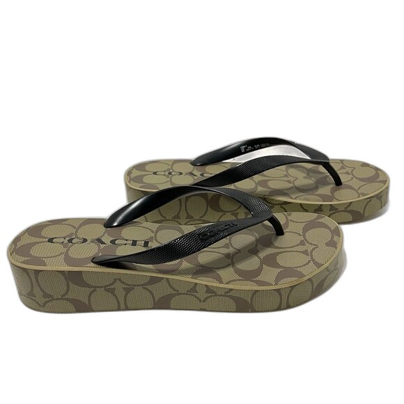 COACH WMN’S Khaki/Black SIG C LYNN Platform Wedge Sandal/Flip Flops Sz 9 - Picture 3 of 10